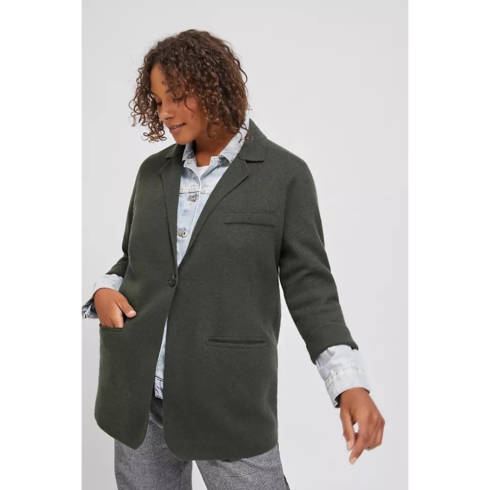 Anthropologie Rani Knit Blazer Jacket Green Wool Blend Single Button Small